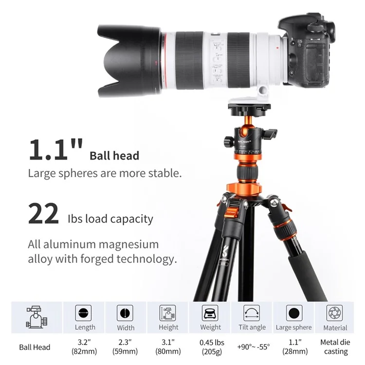 K&F CONCEPT KF31.023V3 Metal Tripod Ball Head 10KG Load Capacity 360-Degree Rotating Panoramic Ball Head with 1 / 4 inch Quick Release Plate Bubble Level for Monopod Camera Camcorder