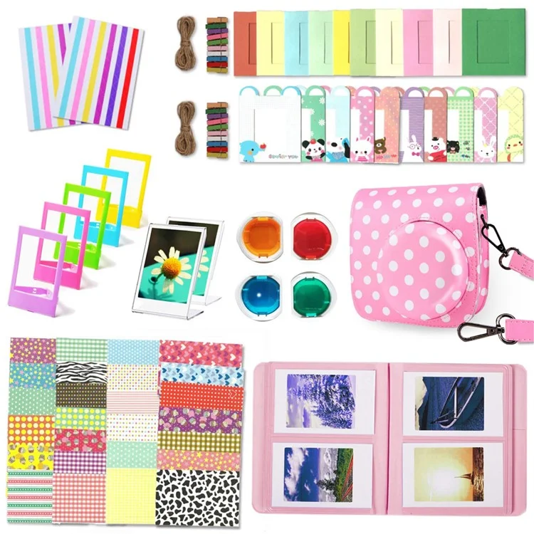12-in-1 Instant Camera Accessories Kit for Fujifilm Instax Mini 11, Includes Bag, Album and Other Items for Collecting / Displaying Photos - Dot Pink