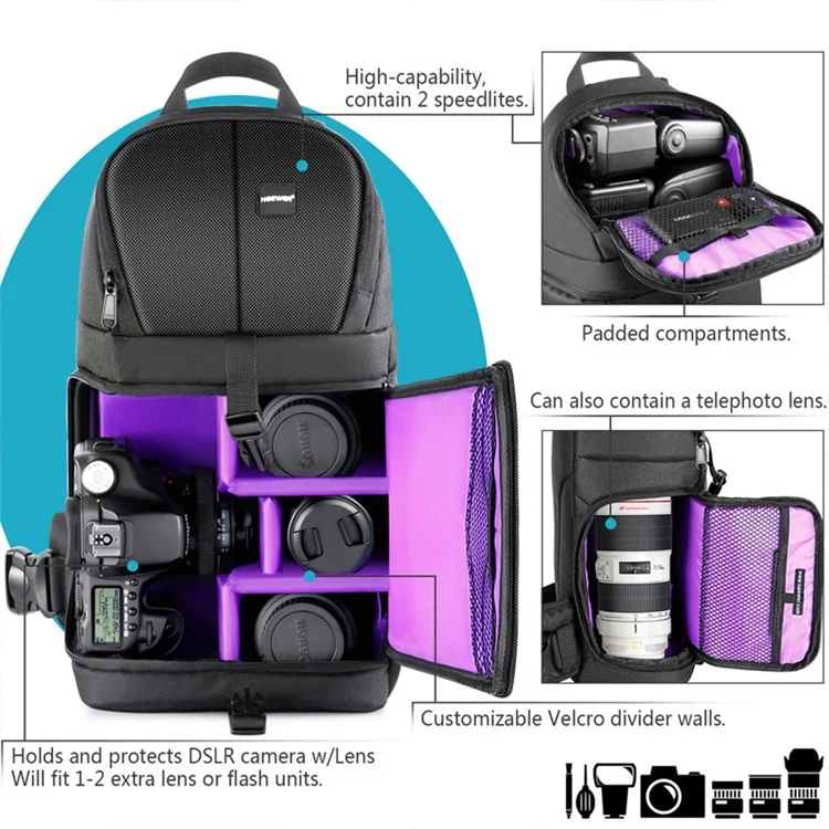 NEEWER NW-XJB02S Grand sac de transport pour appareil photo, sac bandoulière, sac à dos pour appareils photo DSLR et objectifs - Violet