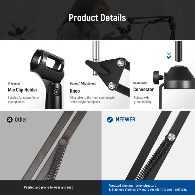 NEEWER NW-35 Desktop Clip-on Microphone Stand Adjustable Condenser Mic Holder Steel Folding Bracket