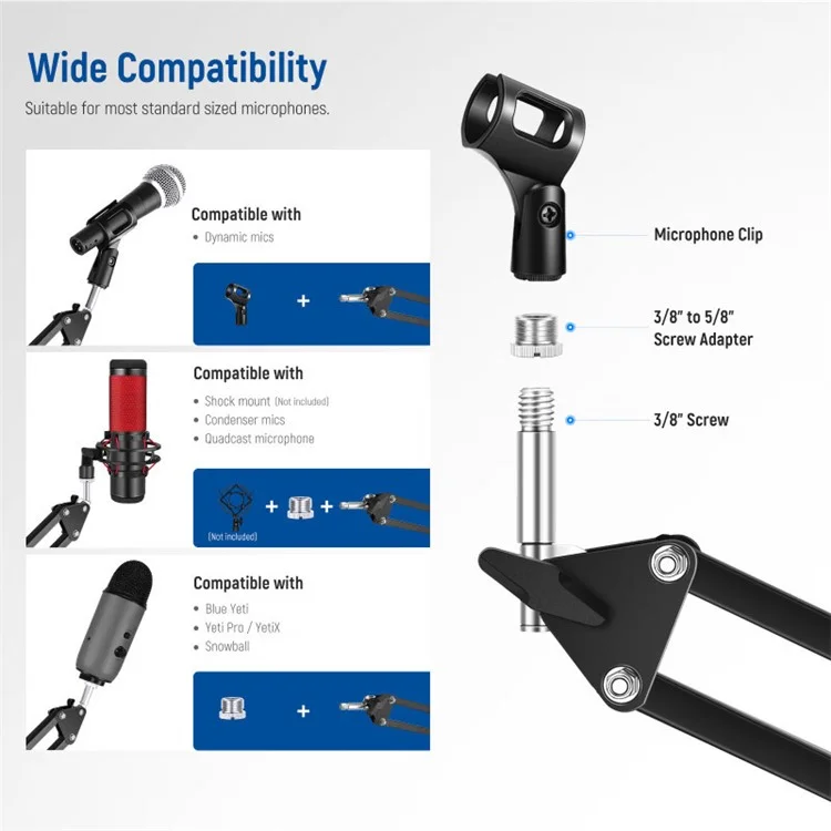 Neewer NW-35 Desktop Clip-on-mikrofonständer Verstellbarer Kondensatormikrofter Stahlklapperhalterung