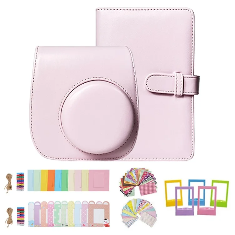 For FujiFilm Instax Mini 12 / 11 / 9 / 8 Camera Accessories 7-in-1 Bundle Kit Include Case, Film Stickers, Desk Frames, Hanging Frame - Light Pink