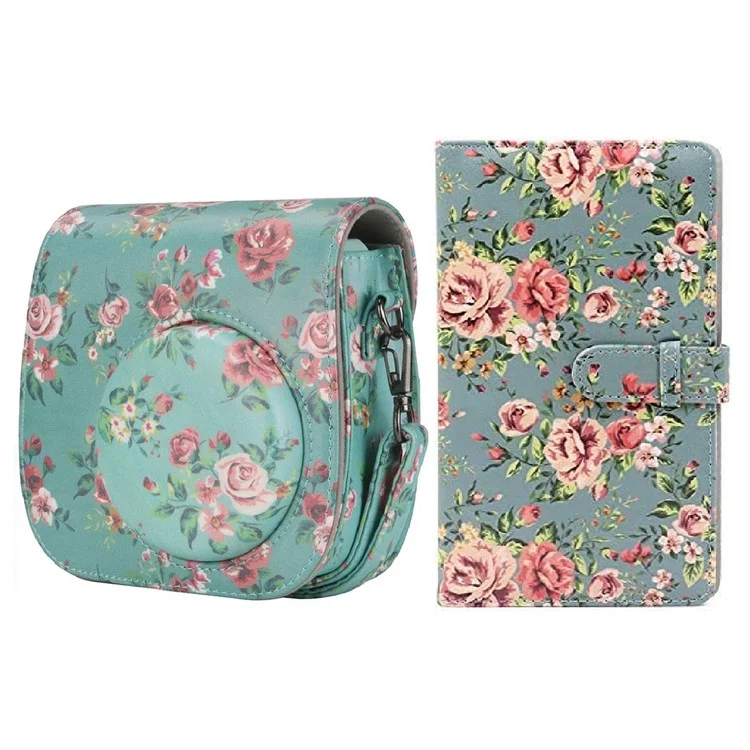 Pour Fujifilm Instax Mini 12 / 11 / 9 / 8 Étui en cuir PU Housse de caméra Sac à bandoulière avec album de 3 pouces - Fleurs vertes
