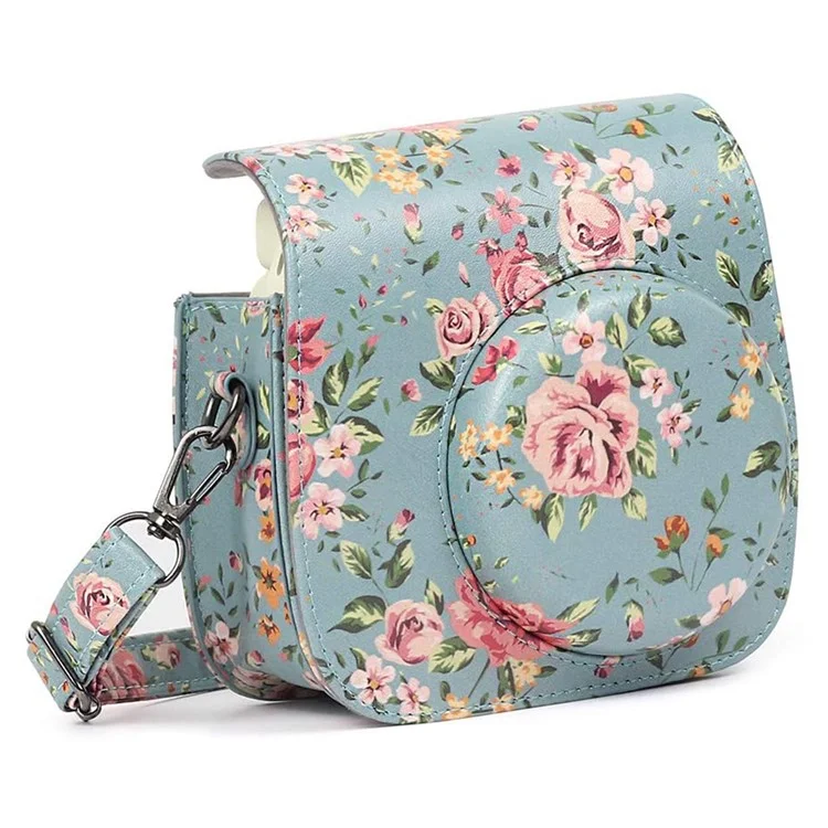 Pour Fujifilm Instax Mini 12 / 11 / 9 / 8 Étui en cuir PU Housse de caméra Sac à bandoulière avec album de 3 pouces - Fleurs vertes