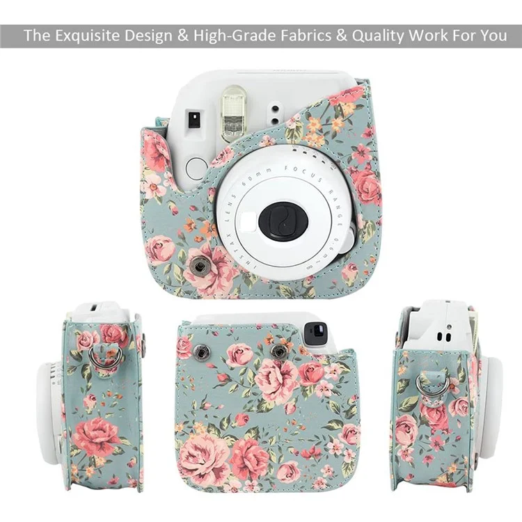 Pour Fujifilm Instax Mini 12 / 11 / 9 / 8 Étui en cuir PU Housse de caméra Sac à bandoulière avec album de 3 pouces - Fleurs vertes