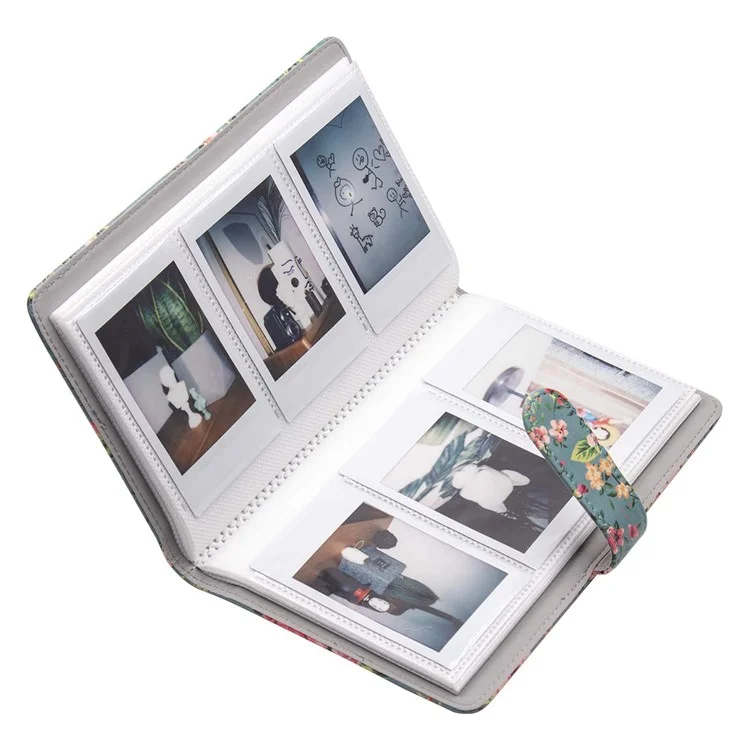 Pour Fujifilm Instax Mini 12 / 11 / 9 / 8 Étui en cuir PU Housse de caméra Sac à bandoulière avec album de 3 pouces - Fleurs vertes