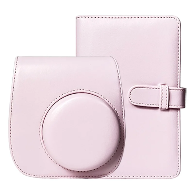 Para Fujifilm Instax Mini 12 / 11 / 9 / 8 Funda de Cámara de Cuero PU Cubierta con Bolsa Bandolera con Álbum de 3 Pulgadas - Rosa Claro