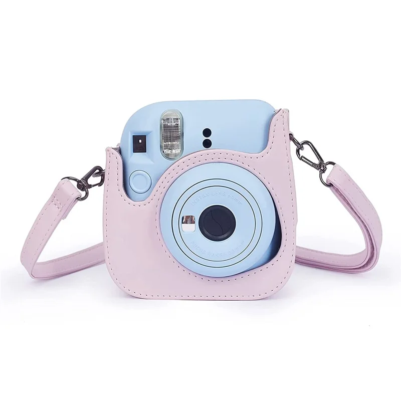 Para Fujifilm Instax Mini 12 / 11 / 9 / 8 Funda de Cámara de Cuero PU Cubierta con Bolsa Bandolera con Álbum de 3 Pulgadas - Rosa Claro