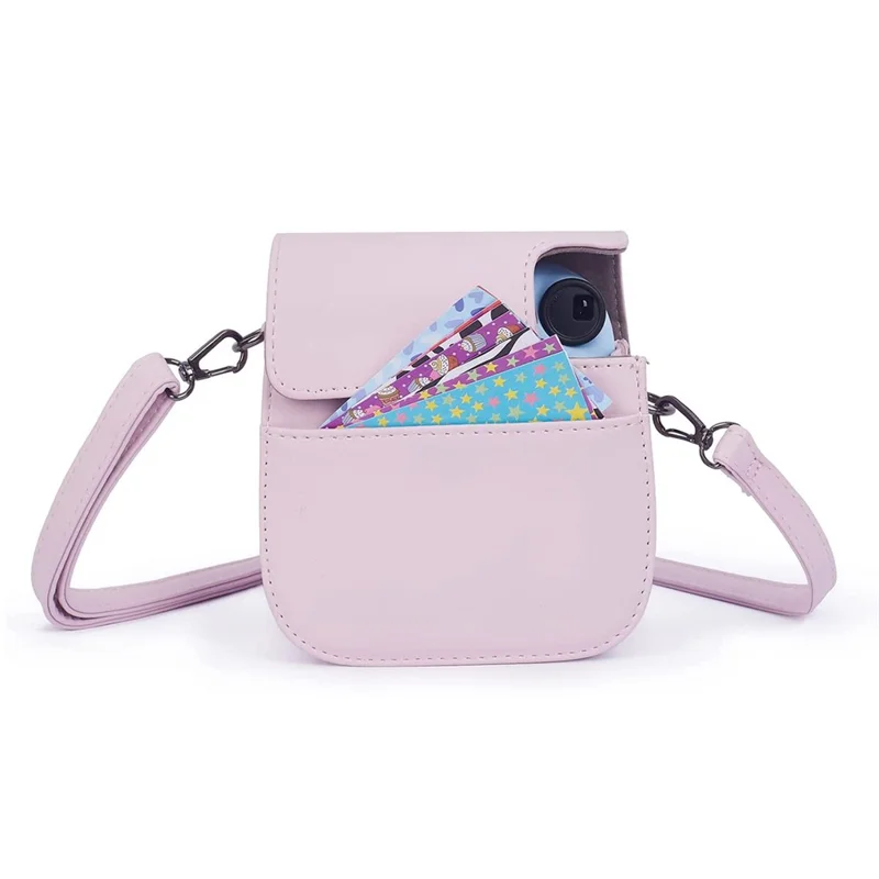 Para Fujifilm Instax Mini 12 / 11 / 9 / 8 Funda de Cámara de Cuero PU Cubierta con Bolsa Bandolera con Álbum de 3 Pulgadas - Rosa Claro
