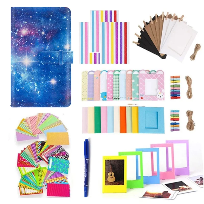 Para FujiFilm Instax Mini 12 / 11 / 9 / 8+ / 8 Kit de Acessórios Colorido de 10 em 1 Inclui Álbum de Fotos, Quadros de Pendurar, Adesivos de Borda - Azul Estrelado