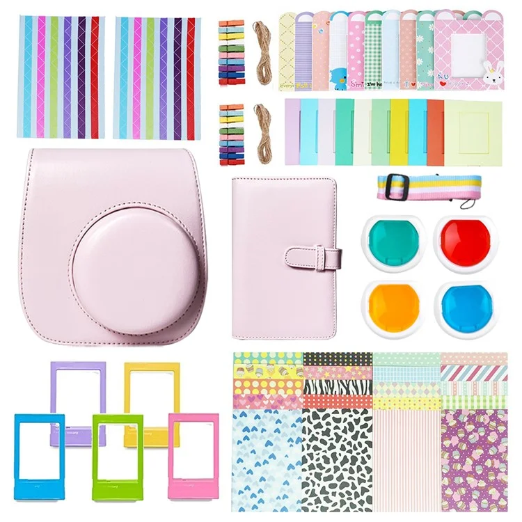 For FujiFilm Instax Mini 12 11-in-1 Accessories Kit Camera Bag Album Photo Frame Stickers Clips Set - Light Pink