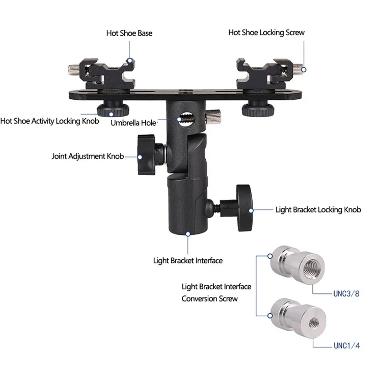 Suporte de Luz Suave da Câmera E-Type E006 com Dual Hot Shoe Flash Bracket Montagem de Alumínio Alloy Tripé Adaptador Suporte