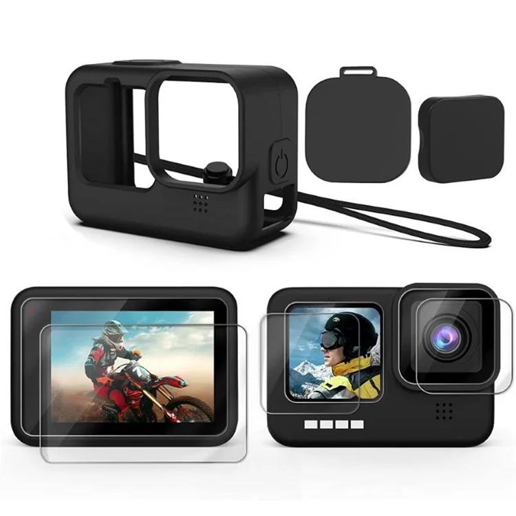 Pour GoPro Hero 9 / 10 / 11 Caméra Étui de protection en silicone souple + Film de protection d'écran en verre trempé + Capuchon d'objectif