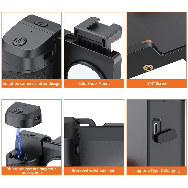 UURIG PH-14 Wireless Selfie Booster Handle Grip Phone Holder Stabilizer Built-in LED Fill Light for Video Photo Shooting