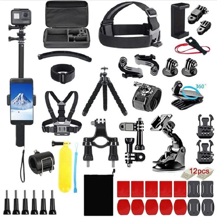 61-in-1 Universal Accessories Kit for GoPro Hero, DJI Osmo Action Camera Parts with Camera Bag, Tripod, Straps - Black