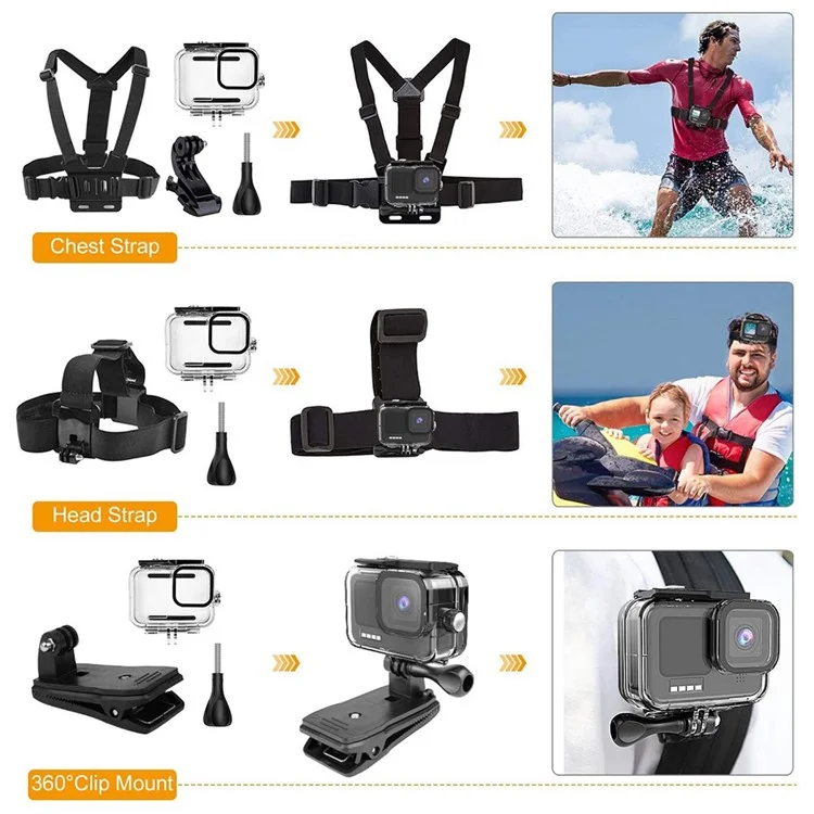 61-in-1 Universal Accessories Kit for GoPro Hero, DJI Osmo Action Camera Parts with Camera Bag, Tripod, Straps - Black