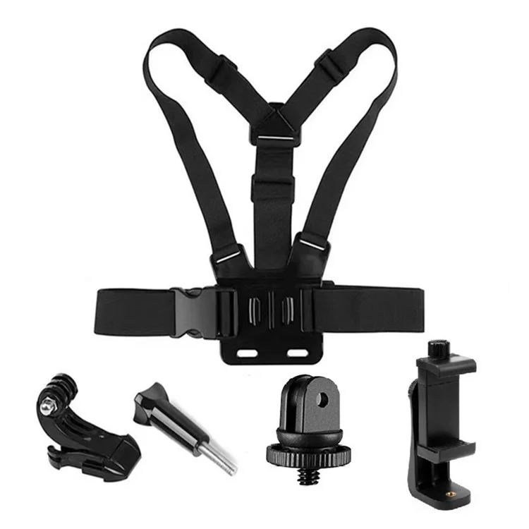 Fascia per il petto per GoPro Hero Action Camera 5 in 1 Chest Mount Harness Kit con adattatore da 1 / 4 "per foro piccolo, base a gancio a J, clip per telefono