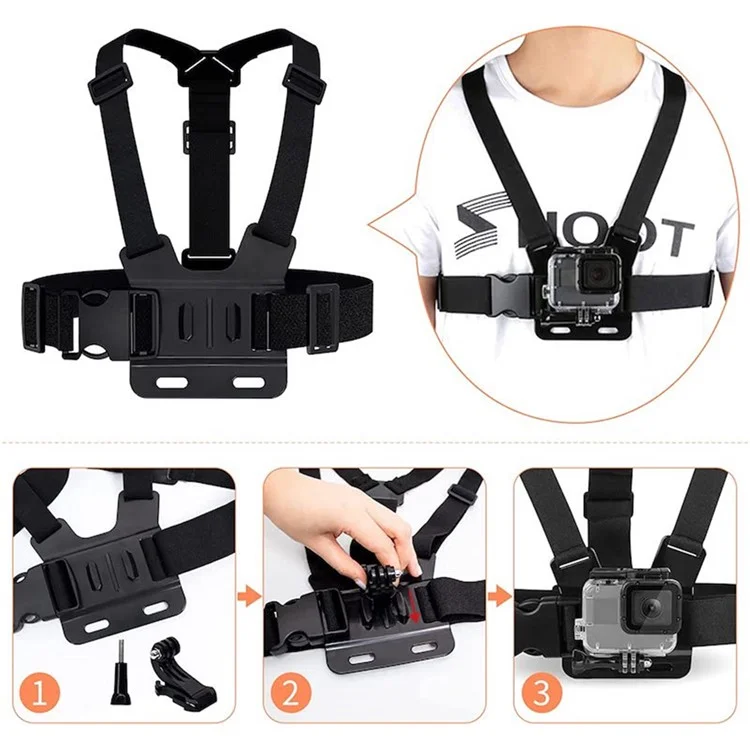 Fascia per il petto per GoPro Hero Action Camera 5 in 1 Chest Mount Harness Kit con adattatore da 1 / 4 "per foro piccolo, base a gancio a J, clip per telefono