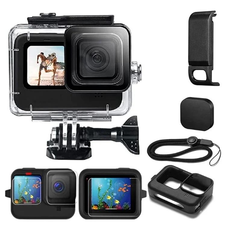 IP68 Wasserdichte Gehäuseabdeckung für GoPro Hero 11 / 10 / 9 Silikon-Hülle mit Panzerglas-Folie + Seitentür-Kit