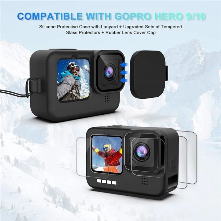 IP68 Wasserdichte Gehäuseabdeckung für GoPro Hero 11 / 10 / 9 Silikon-Hülle mit Panzerglas-Folie + Seitentür-Kit