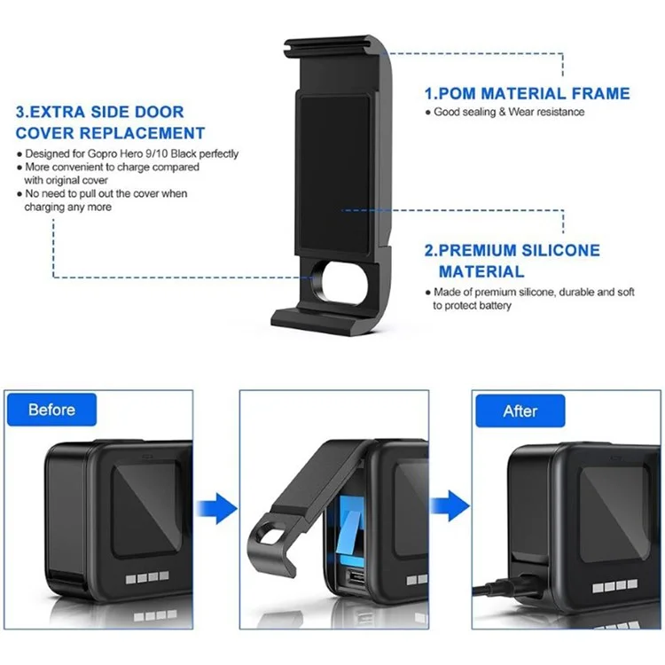 IP68 Wasserdichte Gehäuseabdeckung für GoPro Hero 11 / 10 / 9 Silikon-Hülle mit Panzerglas-Folie + Seitentür-Kit