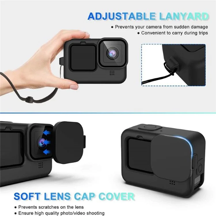 IP68 Wasserdichte Gehäuseabdeckung für GoPro Hero 11 / 10 / 9 Silikon-Hülle mit Panzerglas-Folie + Seitentür-Kit