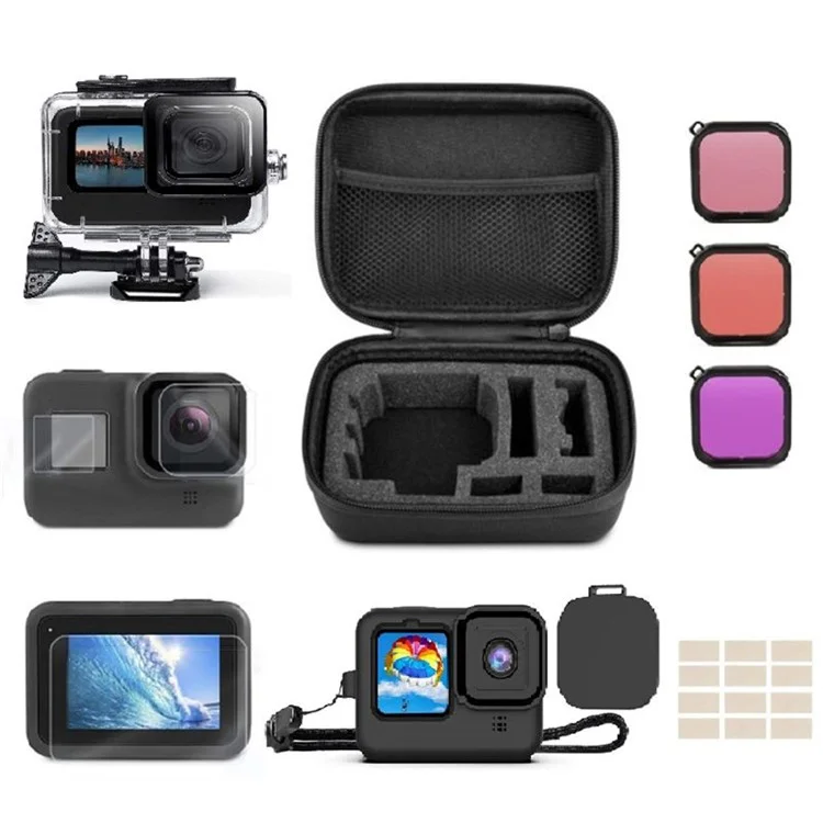 30 m wasserdichtes IP68-Gehäuse für GoPro Hero 11/10/9 Silikonhülle Aufbewahrungstasche Gehärtetes Glasfilmset