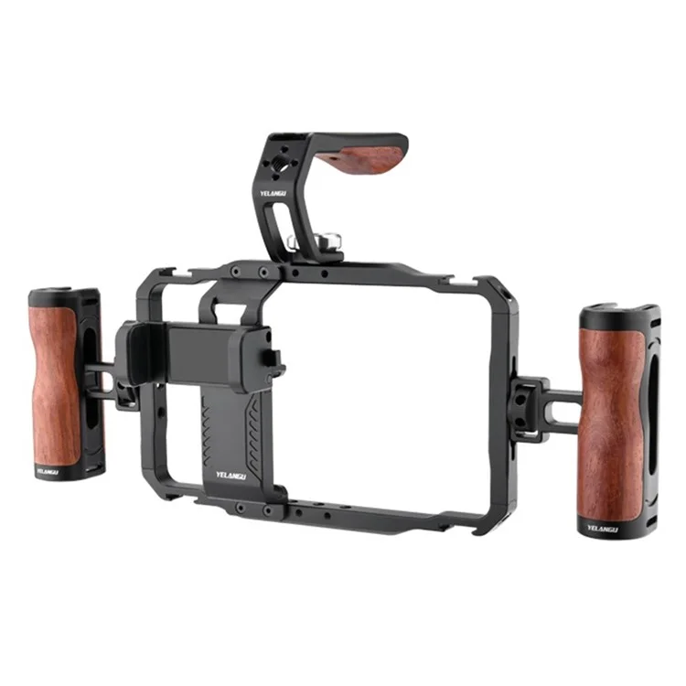 YELANGU LW-B01A Aluminium Legierung Telefonkäfig Stativ Holzgriff Telefon Video Stabilisator Griff mit Powerbank Clip