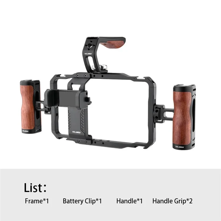 YELANGU LW-B01A Aluminium Legierung Telefonkäfig Stativ Holzgriff Telefon Video Stabilisator Griff mit Powerbank Clip