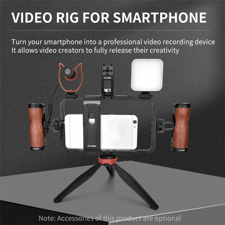 YELANGU LW-B01A Aluminium Legierung Telefonkäfig Stativ Holzgriff Telefon Video Stabilisator Griff mit Powerbank Clip