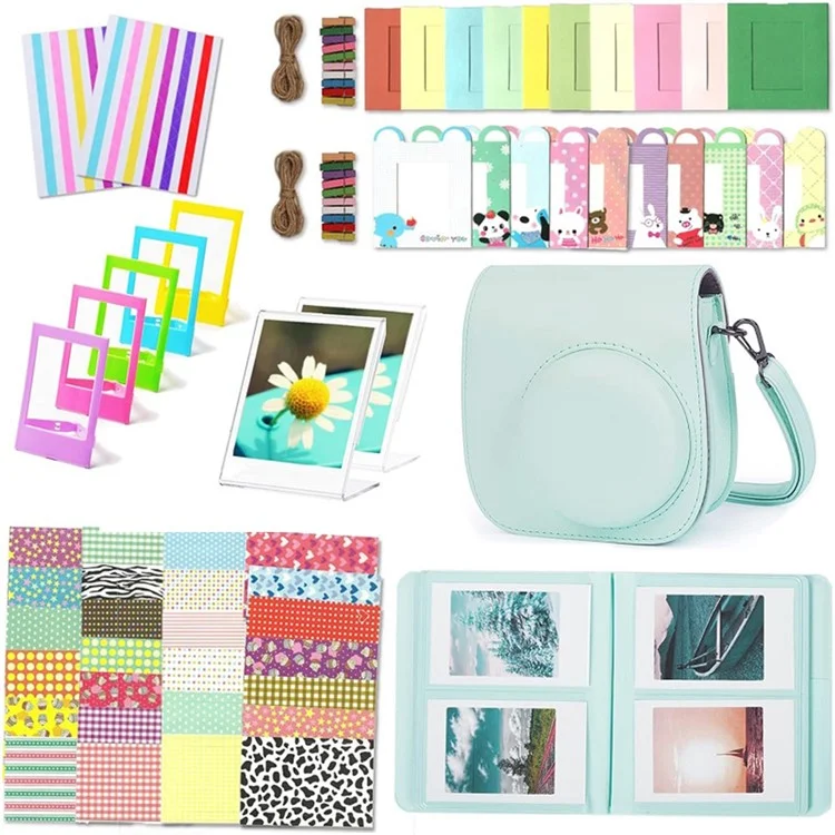 For Fujifilm Instax mini 12 / 11 / 9 / 8+ / 8 PU Leather Camera Bag with Photo Frame Album Stickers Kit Set - Mint Green