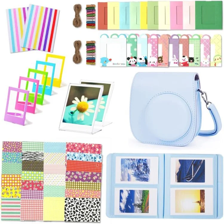 For Fujifilm Instax mini 12 / 11 / 9 / 8+ / 8 PU Leather Camera Bag with Photo Frame Album Stickers Kit Set - Blue