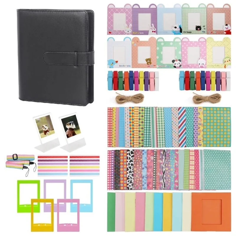 Accessories Kit for Instant Camera Parts with PU Leather Album, Acrylic Photo Frames, Stickers - Black