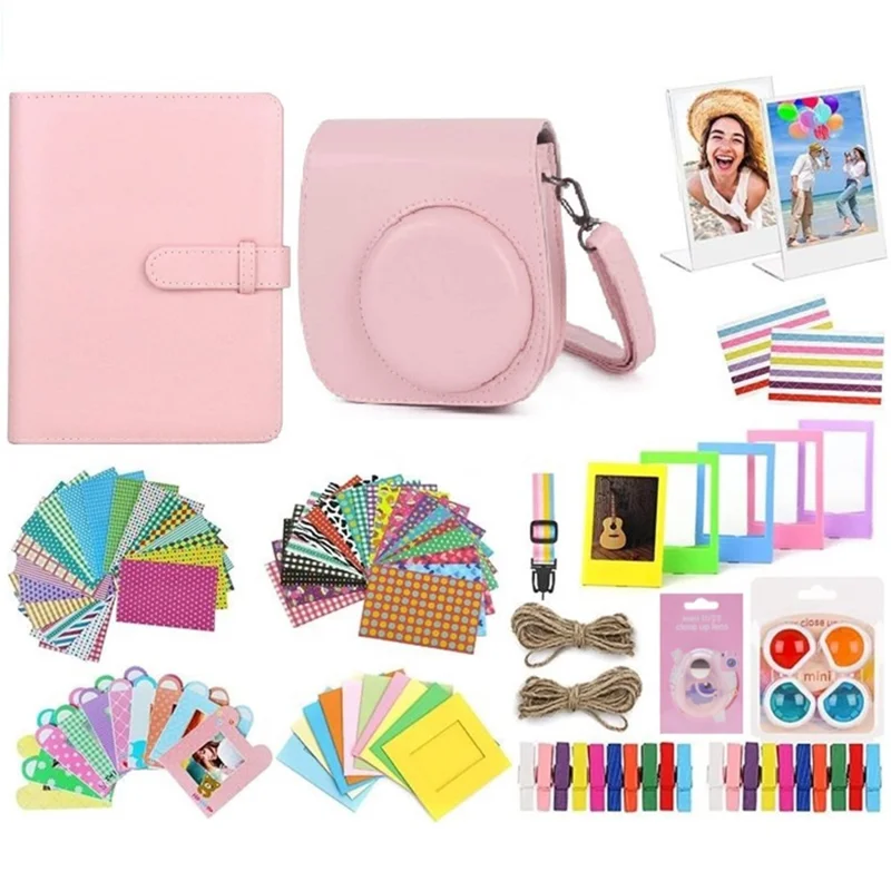 Kit de accesorios para cámara instantánea Fujifilm Instax Mini 11 / 12 con funda de transporte, álbum de fotos, marcos, pegatinas DIY, filtro - Rosa