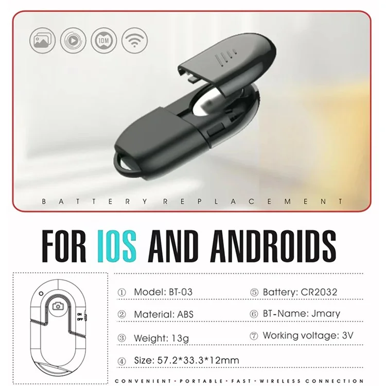 JMARY BT-03 Портативный беспроводной Bluetooth-пульт для селфи для iOS / Android