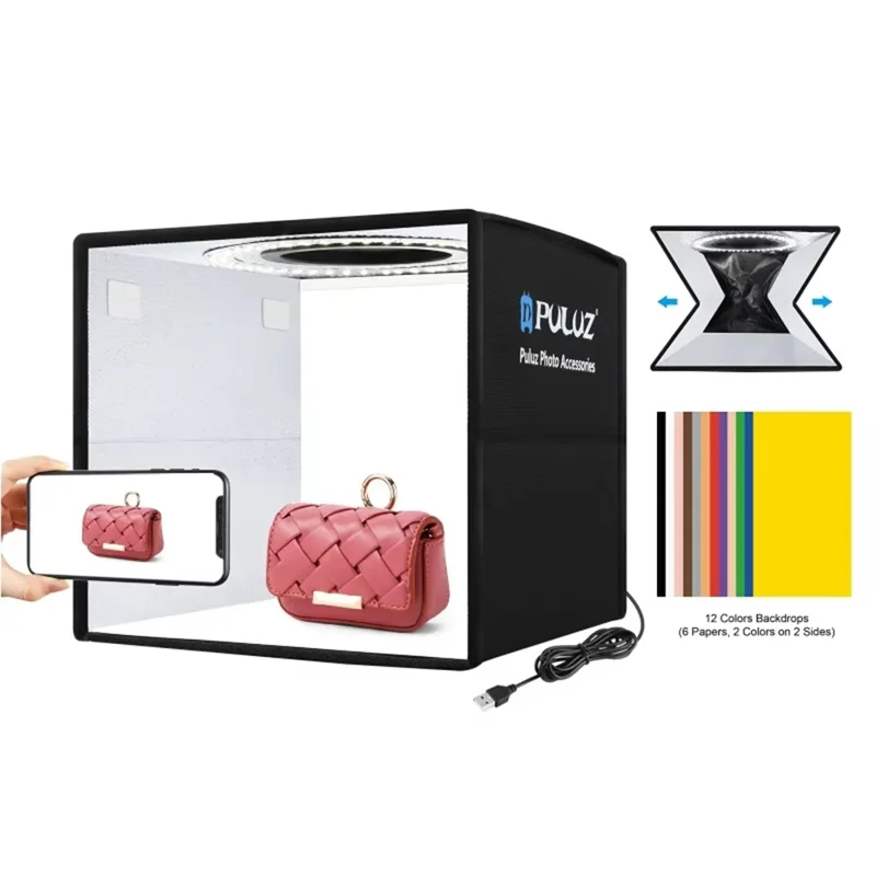 PULUZ PU5025B 25cm High CRI Ring Light Foldable LED Photo Studio Box with 12 Color Backdrops