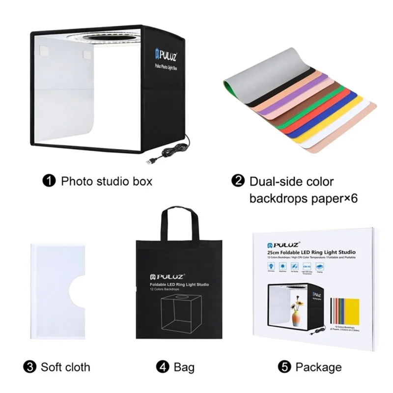 PULUZ PU5025B 25cm High CRI Ring Light Foldable LED Photo Studio Box with 12 Color Backdrops
