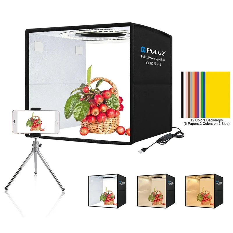 PULUZ PU5027B 25cm Foldable LED Photo Studio Box Built In 3 Color Temperatures Ring Light, with 12 Color Backdrops