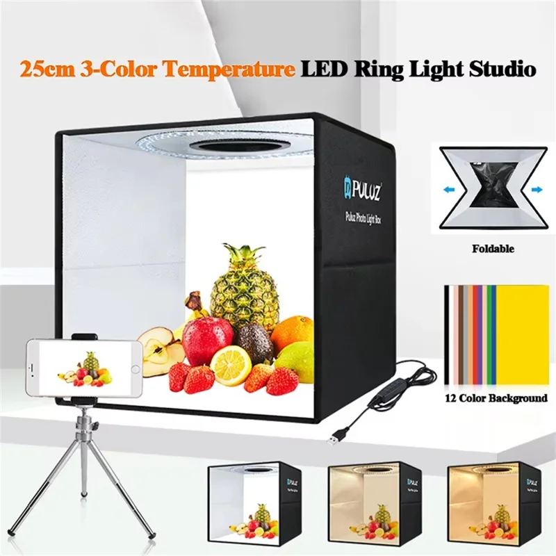 PULUZ PU5027B 25cm Foldable LED Photo Studio Box Built In 3 Color Temperatures Ring Light, with 12 Color Backdrops