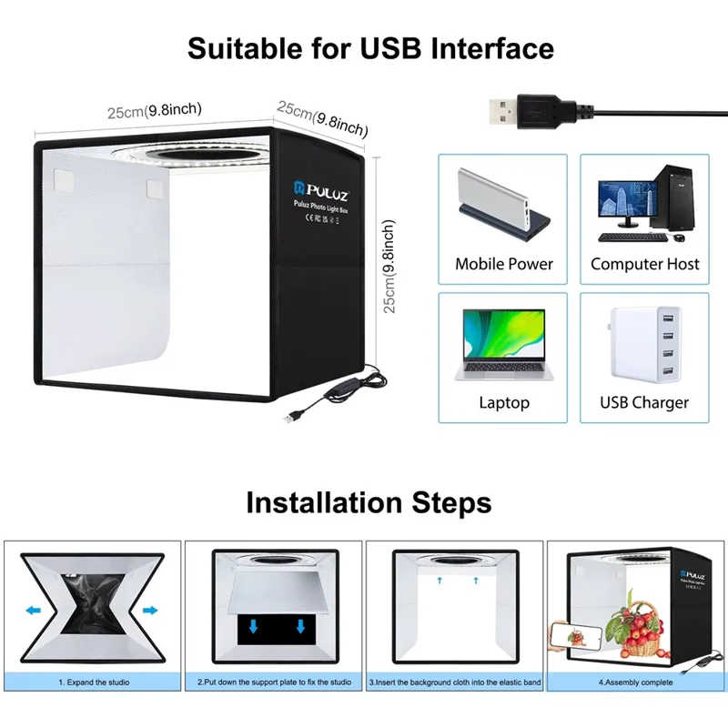 PULUZ PU5027B 25cm Foldable LED Photo Studio Box Built In 3 Color Temperatures Ring Light, with 12 Color Backdrops