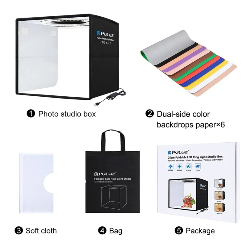 PULUZ PU5027B 25cm Foldable LED Photo Studio Box Built In 3 Color Temperatures Ring Light, with 12 Color Backdrops