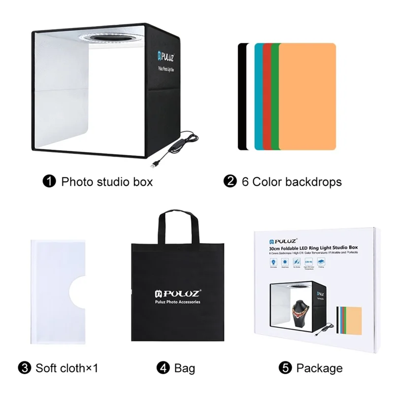 PULUZ PU5032 30cm Portable Folding Photo Studio Box with High CRI LED Ring Light and 6 Color Backdrops