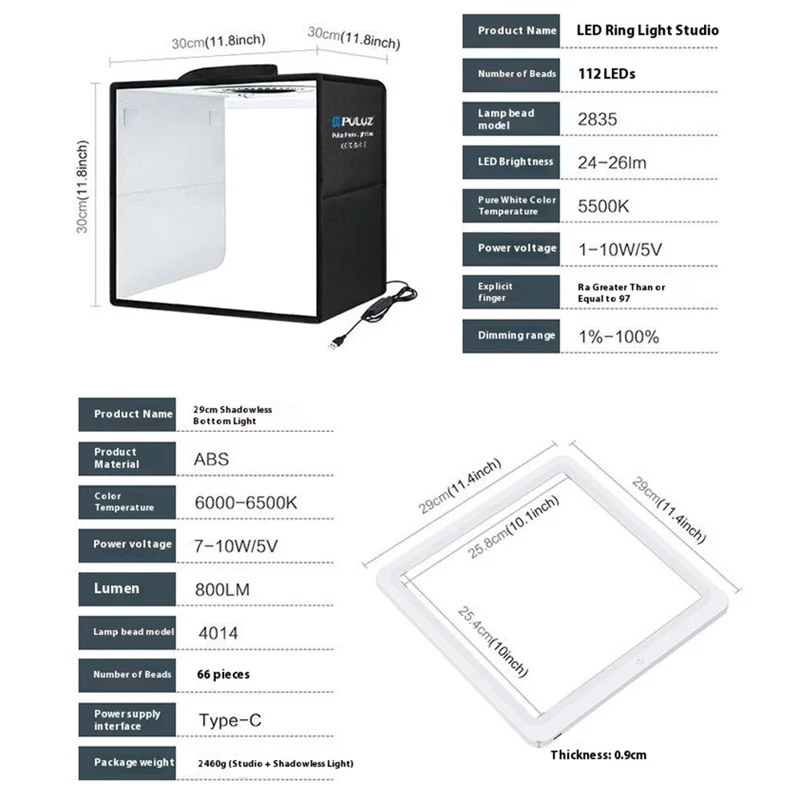 PULUZ PKT3200 30cm Portable Folding Photo Studio Light Box LED Photography Tent with Shadowless Light