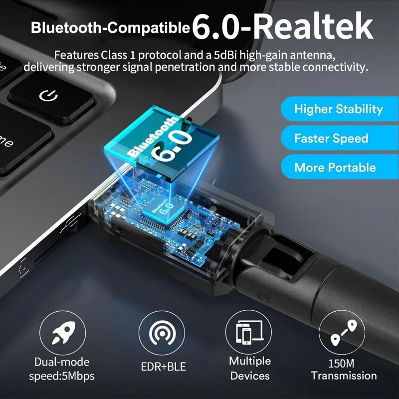 USB Bluetooth-compatible 6.0 Adapter for PC Desktop 150m Long Range Wireless Dongle with 5dBi Antenna - Black