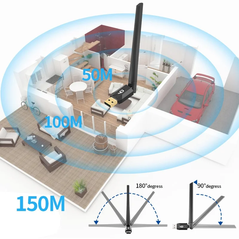 USB Bluetooth-compatible 6.0 Adapter for PC Desktop 150m Long Range Wireless Dongle with 5dBi Antenna - Black