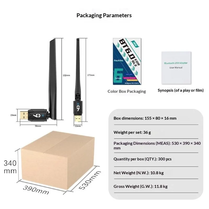 USB Bluetooth-compatible 6.0 Adapter for PC Desktop 150m Long Range Wireless Dongle with 5dBi Antenna - Black