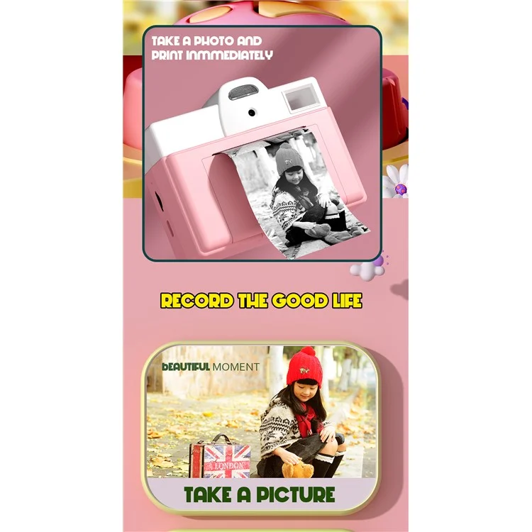 Q8 200 DPI Instant Print Children Digital Camera Mini Inkless Thermal Printer - Pink
