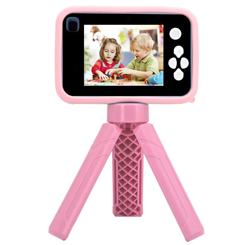 AC10 HD Dual Lens 2.4 Inch IPS Screen Kids Camera with Tripod, No Memory Card - Pink