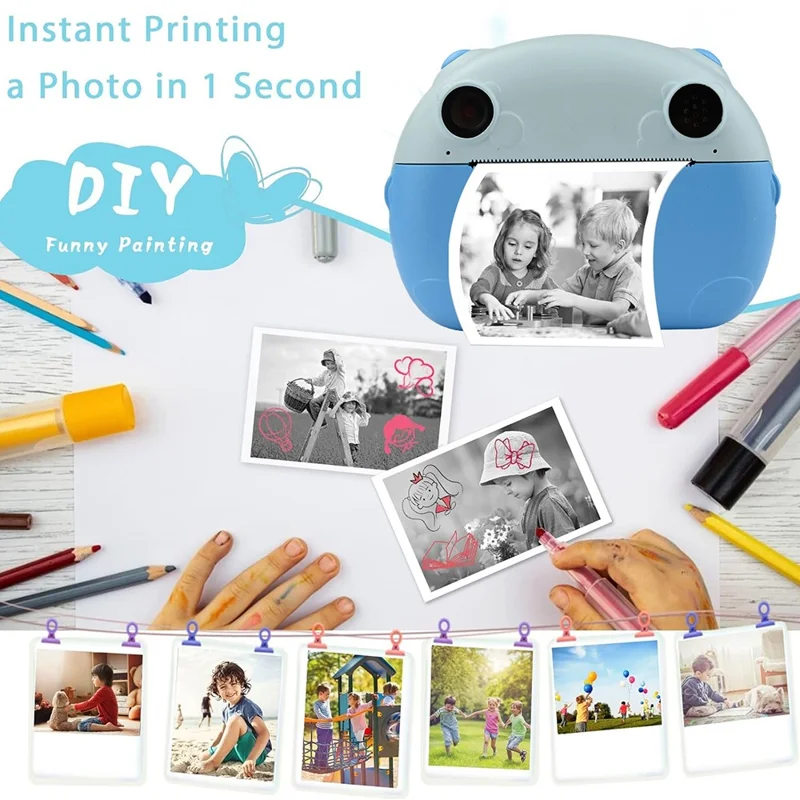 KDC-0013B 2.4 inch Screen HD Kids Instant Camera Dual Lens Thermal Printing Camera Toy - Blue