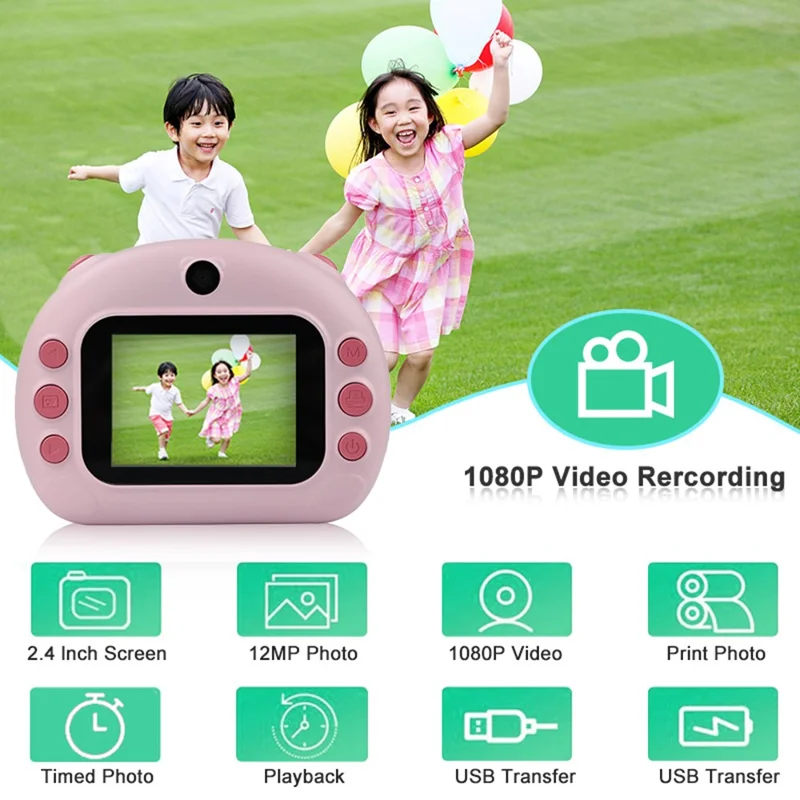 KDC-0013B 2.4 inch Screen HD Kids Instant Camera Dual Lens Thermal Printing Camera Toy - Pink